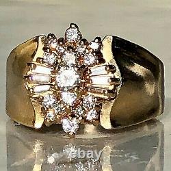 14K Yellow Gold Baguette & Round Diamond Wide Band Vintage Ring Size 7.5 Signed