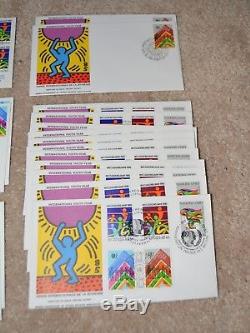 48 ORIGINAL FDC's BY KEITH HARING international youth year pop art very rare