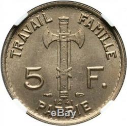 5 FRANCS MARECHAL PETAIN 1941 RARE NGC MS65 RR FDC, Qualité Collection Idéale