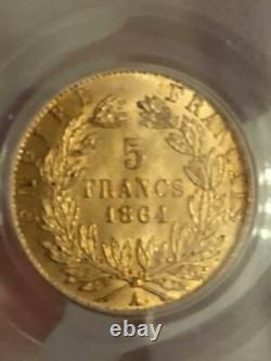 5 FRANCS OR 1864 A PARIS GOLD Napoléon III PCGS MS64 RR FDC