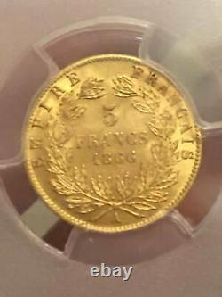 5 FRANCS OR 1866 A PARIS GOLD Napoléon III PCGS MS64 Collection Idéale RR FDC