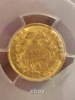 5 FRANCS OR 1866 A PARIS GOLD Napoléon III PCGS MS64 RR FDC COLLECTION IDEALE