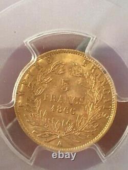 5 FRANCS OR GOLD 1866 A PARIS Napoléon III PCGS MS63 SPL RR revers désaxé