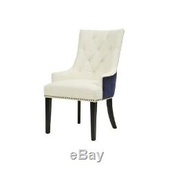 Cadence Dining Side Chair Button Tufted PU Leather Velvet, Navy White set of 2
