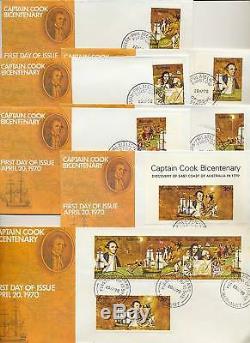 Captain Cook stamps cut from mini sheet set of 7 FDC's inc rare 30c stamp small