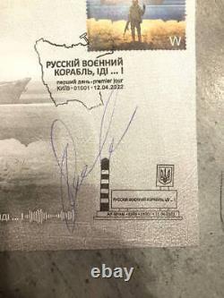 Envelope FDC Russian Warship, GO. + postage stamp W + 4 stamps + autographs
