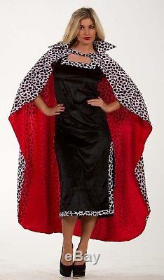 FDC Cruella Deville Long Cloak Cape Dalmation Print Faux Fur. Ladies Fancy Dress