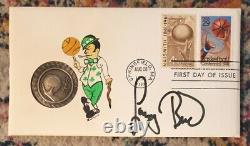 Larry Bird SIGNED First Day Cover Celtics Mascot Handpainted By Eunice Alter COA