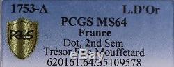 Louis d'or au bandeau Louis XV 1753 Paris Trésor rue Mouffetard PCGS MS64! FDC