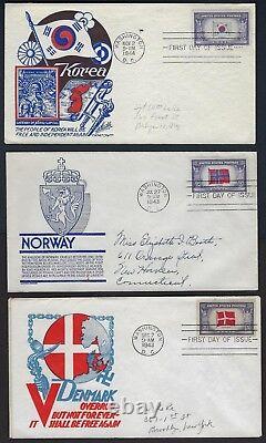 US 1944 KOREA TO PORTLAND LIBERATED COUNTRIES COLLECTION OF 13 PATRIOTIC FDC Sc