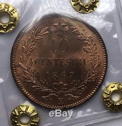Vittorio Emanuele II 10 centesimi 1867 H Birmingham FDC Eccezionale rosso