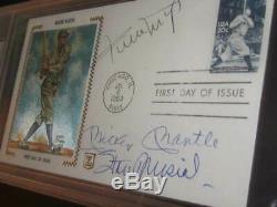 Willie Mays, Mickey Mantle, Stan Musial Autographed Baseball First Day Cover PSA